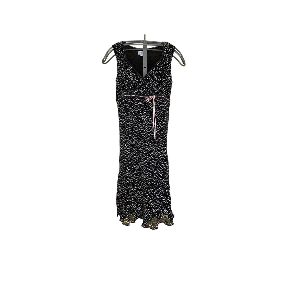 Y2K 90s Slip Dress Womens M Polka Dot Black Midi Flowy Baby Doll Dainty Ribbon - Picture 1 of 12